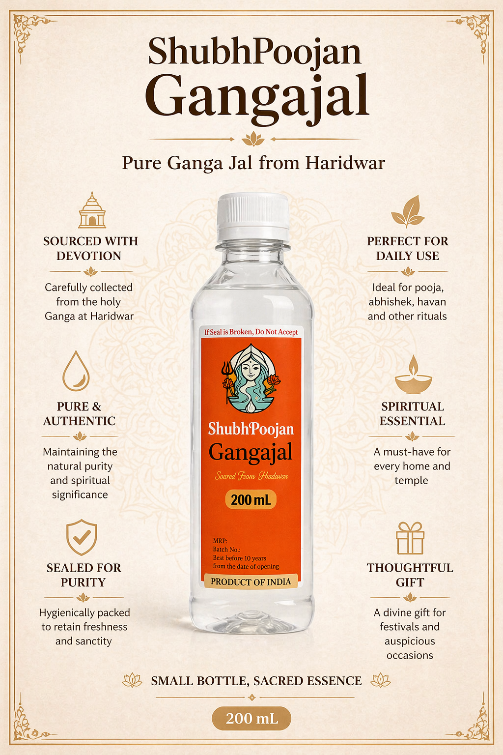 ShubhPoojan Sacred Gangajal – 200mL (Pack of 6) | Pure Ganga Jal from Haridwar