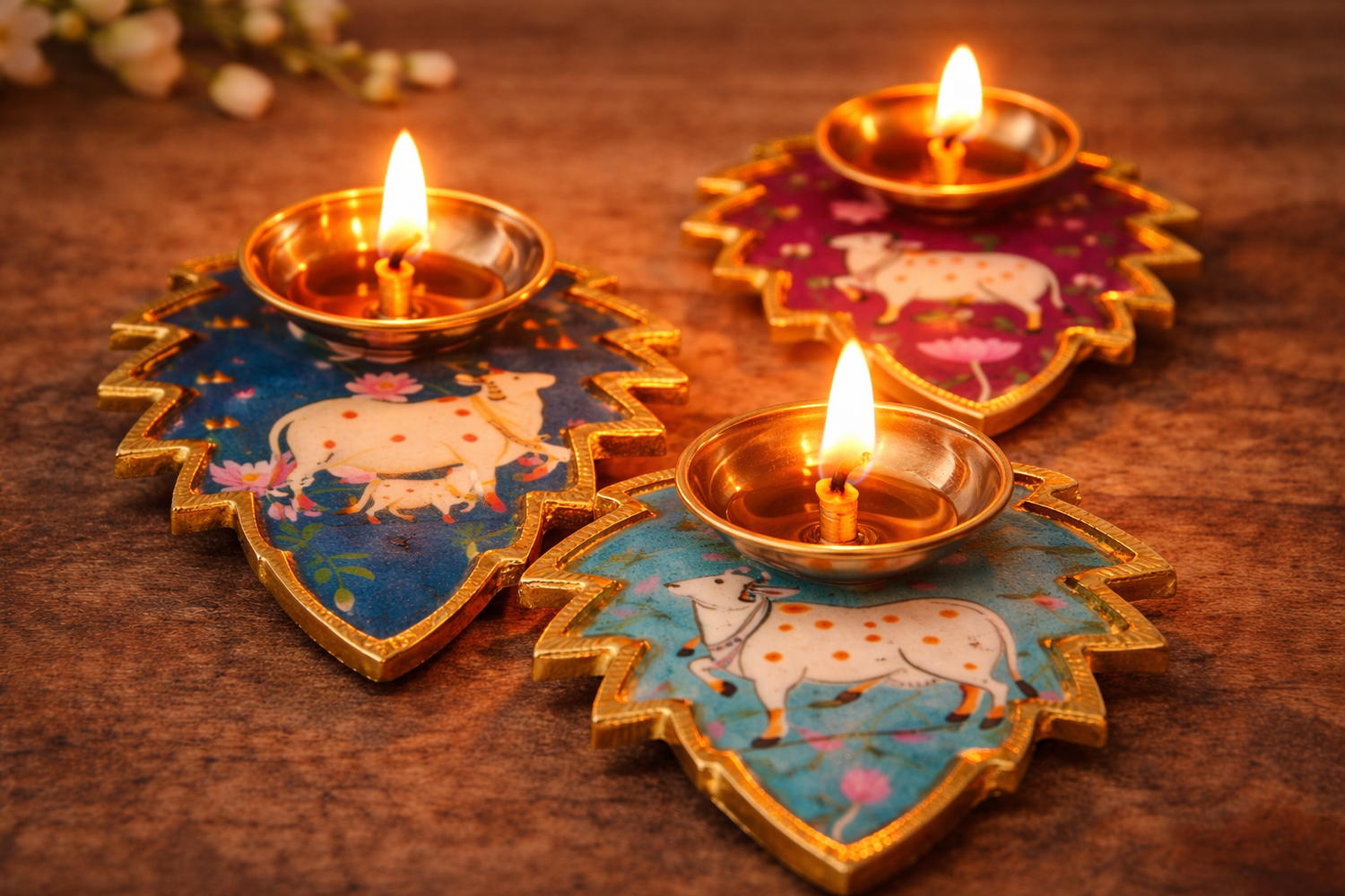 Three decorative leaf-shaped diya lamps with painted cows and floral designs glow with flames on a wooden surface, suggesting a festive or traditional celebration atmosphere.