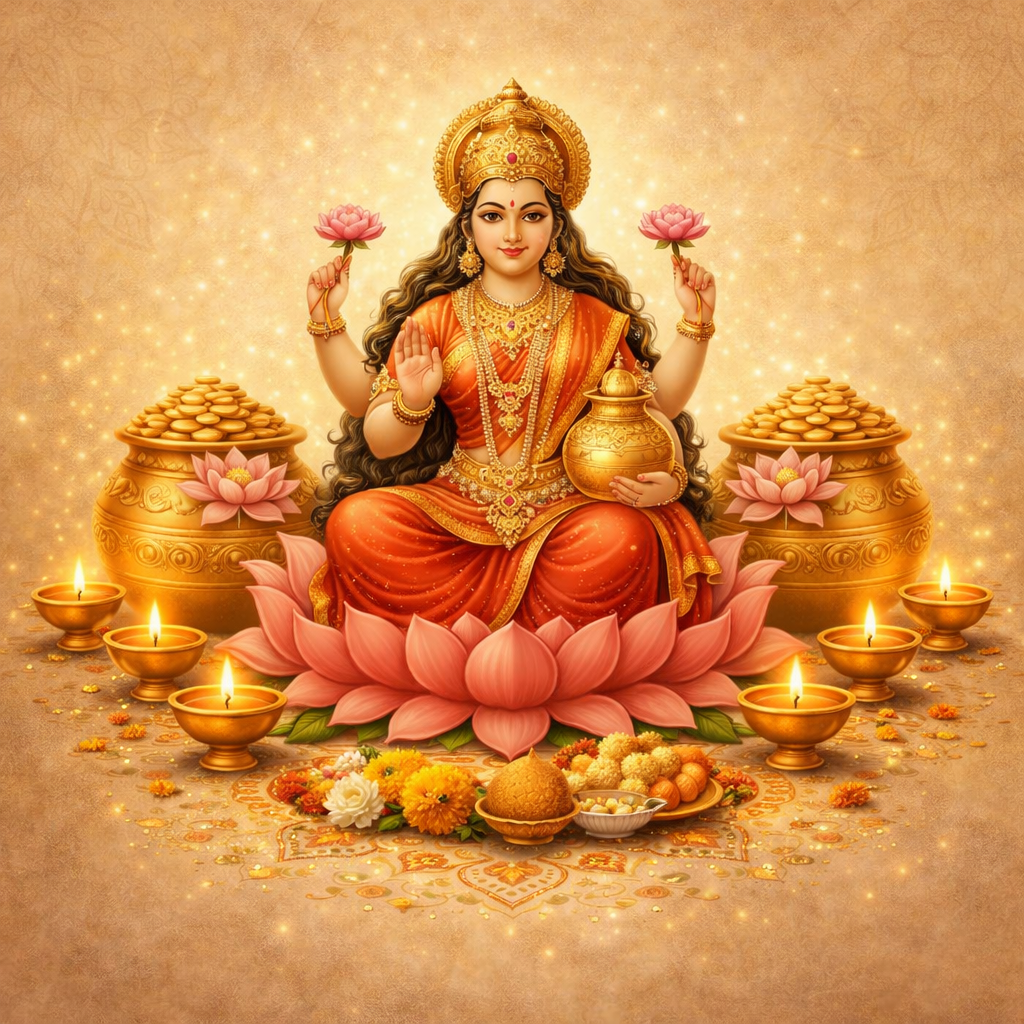 A goddess in an orange saree sits on a pink lotus, holding lotus flowers and a pot, surrounded by gold coins, lit oil lamps, flowers, and sweets on a glowing golden background.