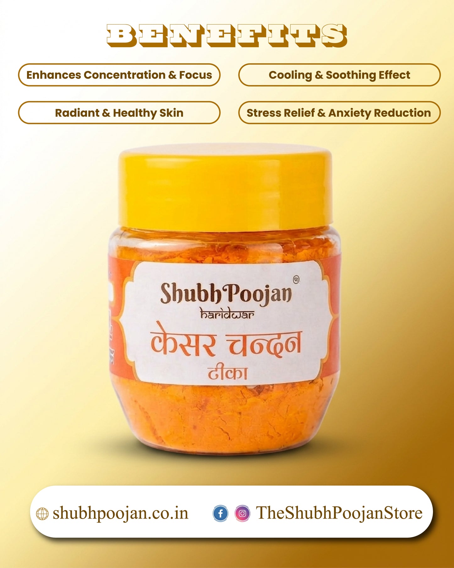 Jar of Shubh Poojan haldi with benefits listed on a yellow background