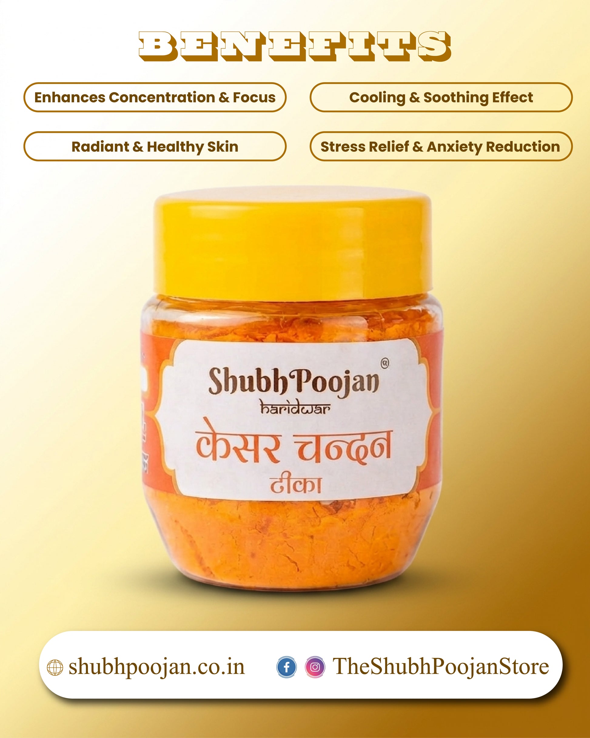 Jar of Shubh Poojan haldi with benefits listed on a yellow background