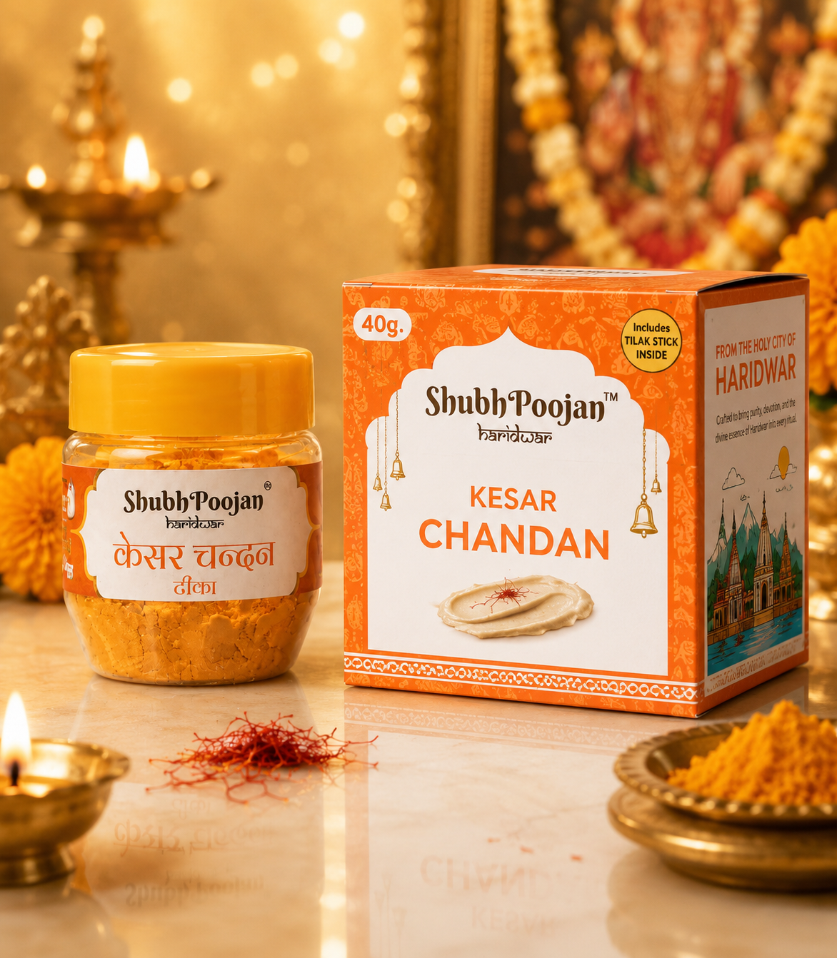 ShubhPoojan Kesar Chandan product with packaging on a decorative background