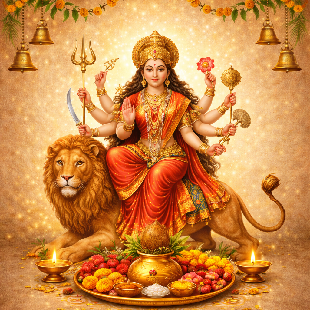 A vibrant depiction of Goddess Durga with ten arms holding various weapons, seated on a lion. She is surrounded by traditional offerings, lamps, garlands, and bells, with a festive golden background.