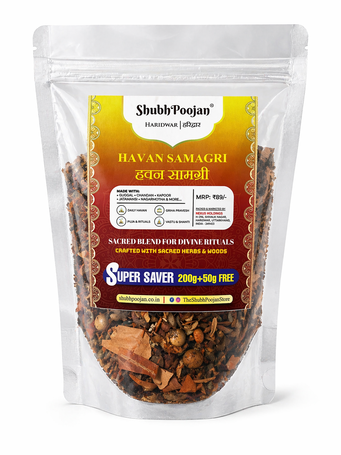 ShubhPoojan Havan Samagri packaging on a white background